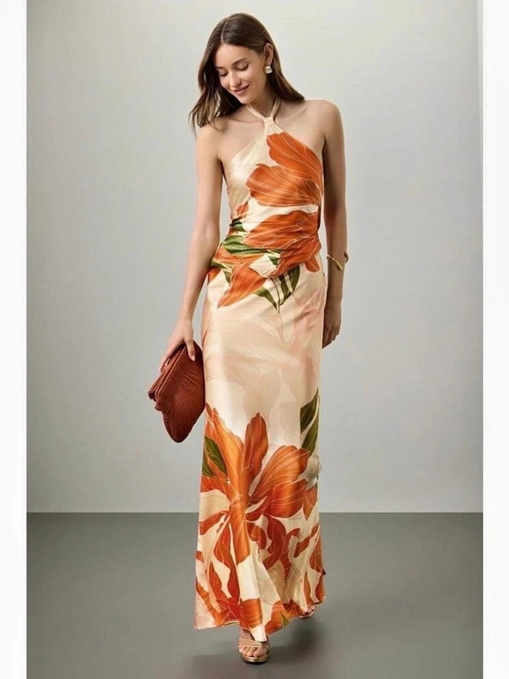 Retrofete Floral Maxi Dress in Orange & Cream Size Small Like New